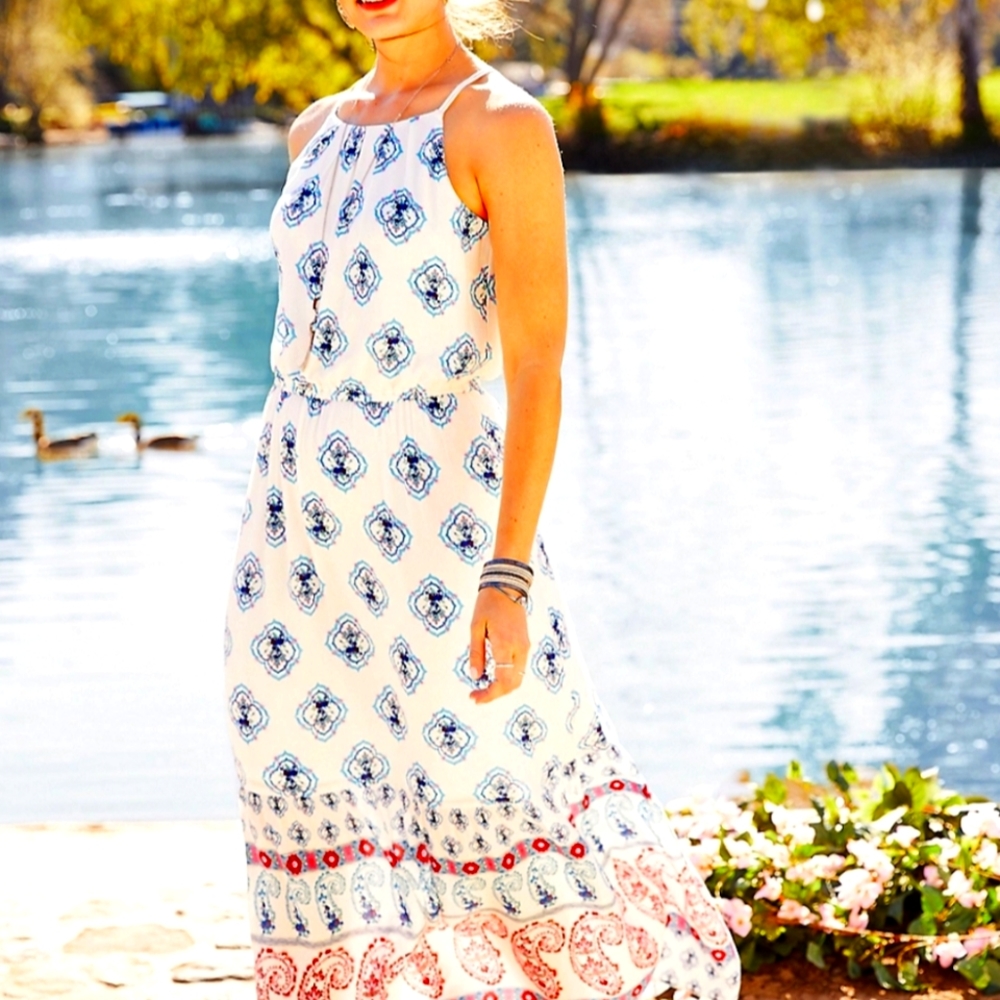 Maurices White with Blue/Pink Print Halter Top Maxi Dress, XL